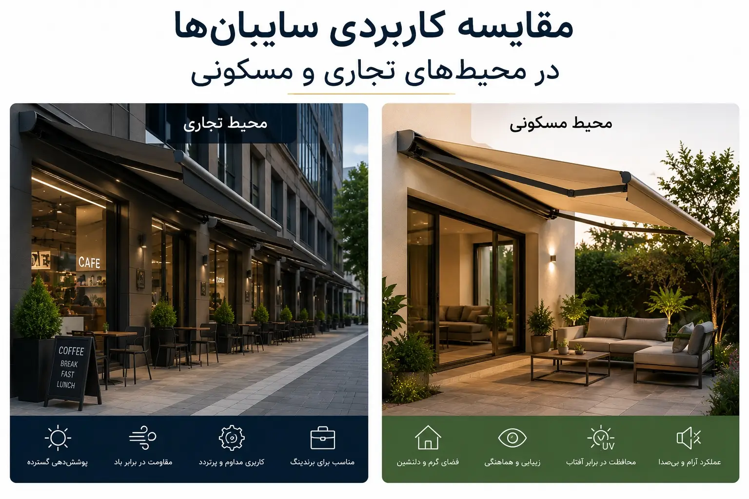 جدیدترین مدلهای سایبان برقی برای فروشگاهها و ویلاها 2 مقایسه کاربرد سایبان برقی در محیطهای تجاری، فروشگاهی و فضاهای مسکونی و ویلایی