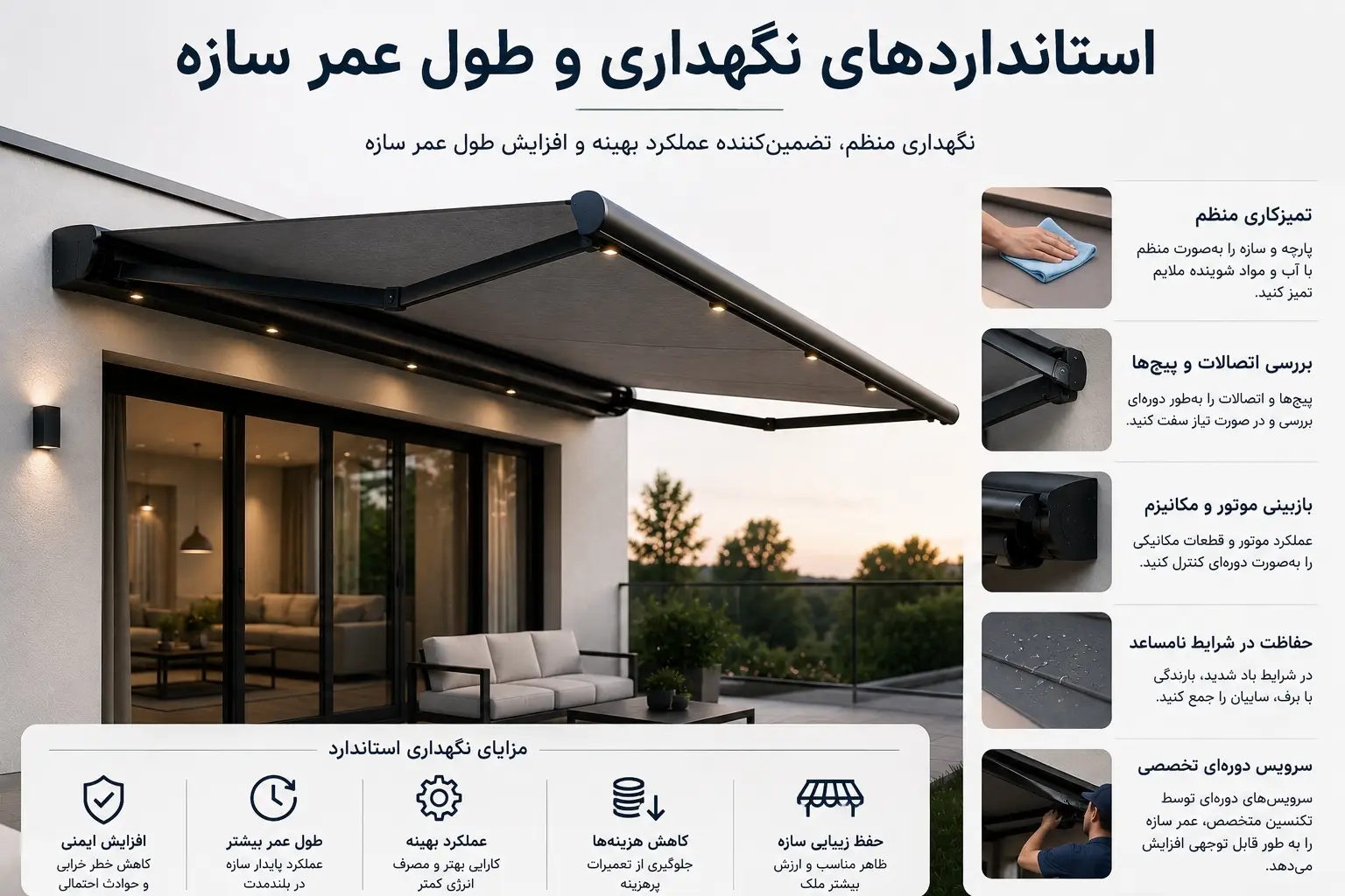 جدیدترین مدلهای سایبان برقی برای فروشگاهها و ویلاها 4 استانداردهای نگهداری و طول عمر سازه سایبان برقی